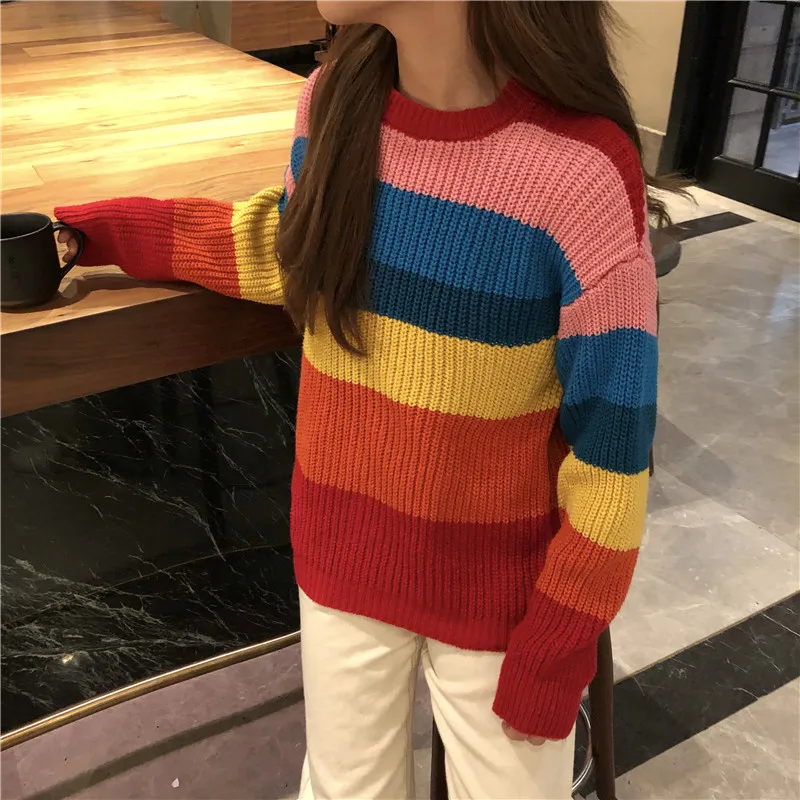 Зимний полосатый большой размер, круглый вырез, модный Повседневный милый Радужный женский свитер, милые вязаные осенние пуловеры, Свитера