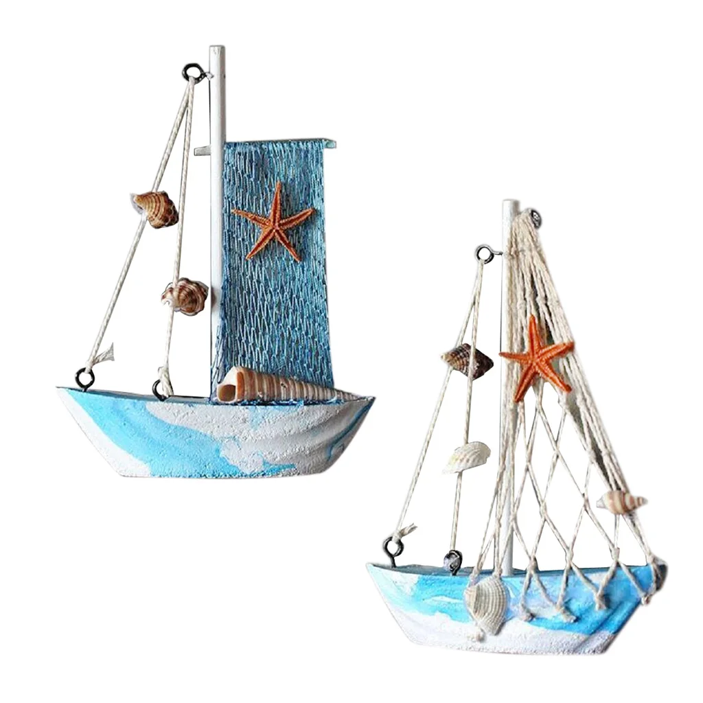 2pcs Home Decorative Wooden Sailboat Model Handmade Vintage Nautical Decor Sailing Boat Decoration Wooden Display Sailboat