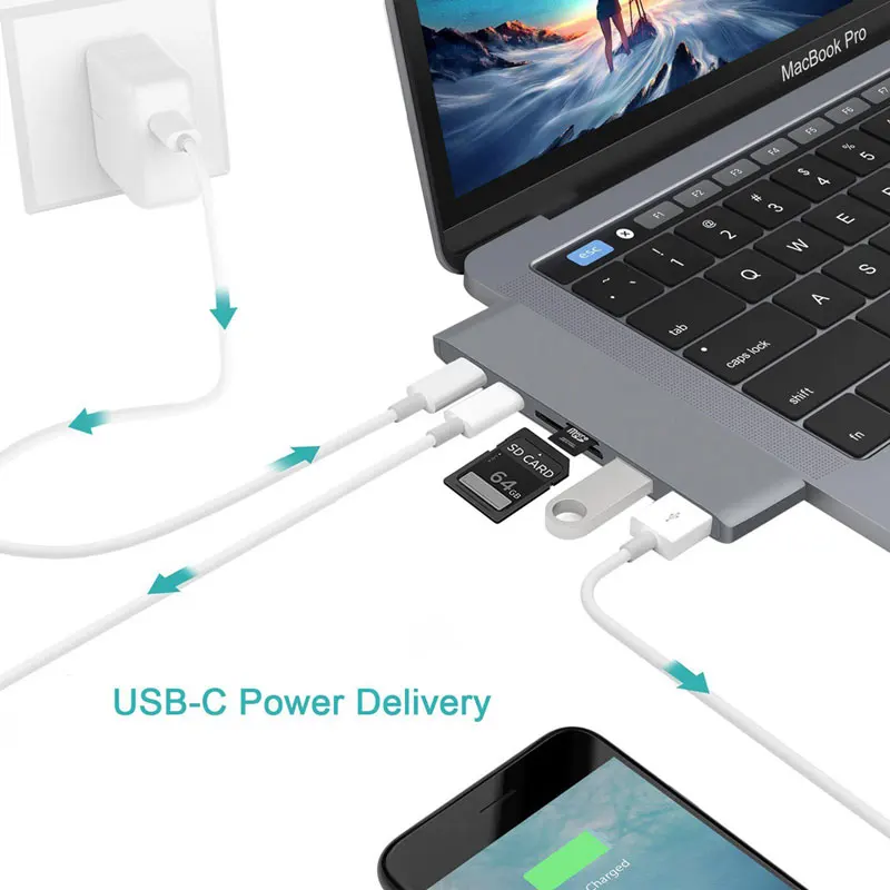 Uosible концентратор USB type C Thunderbolt 3 адаптер USB-C ключ с PD TF/SD кард-ридер слот USB 3,0 для MacBook Pro/Air type-C