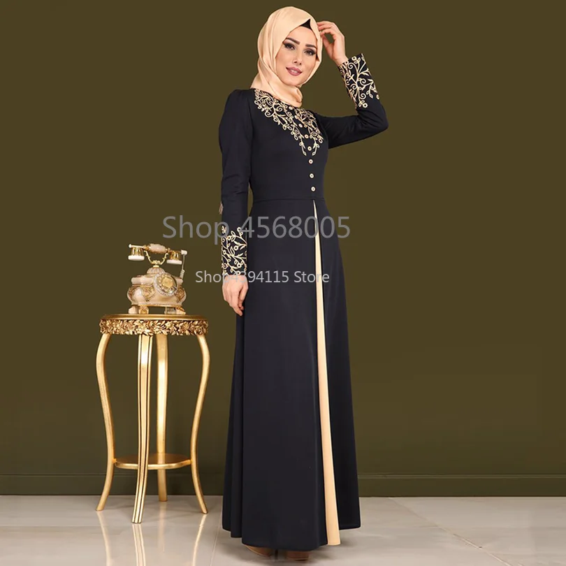 

Gold Stamping Printing Muslim Dress Women Dubai Abaya Black Robe Long Sleeve Cardigan Kaftan Elegant Design Maxi Dresses Clothes