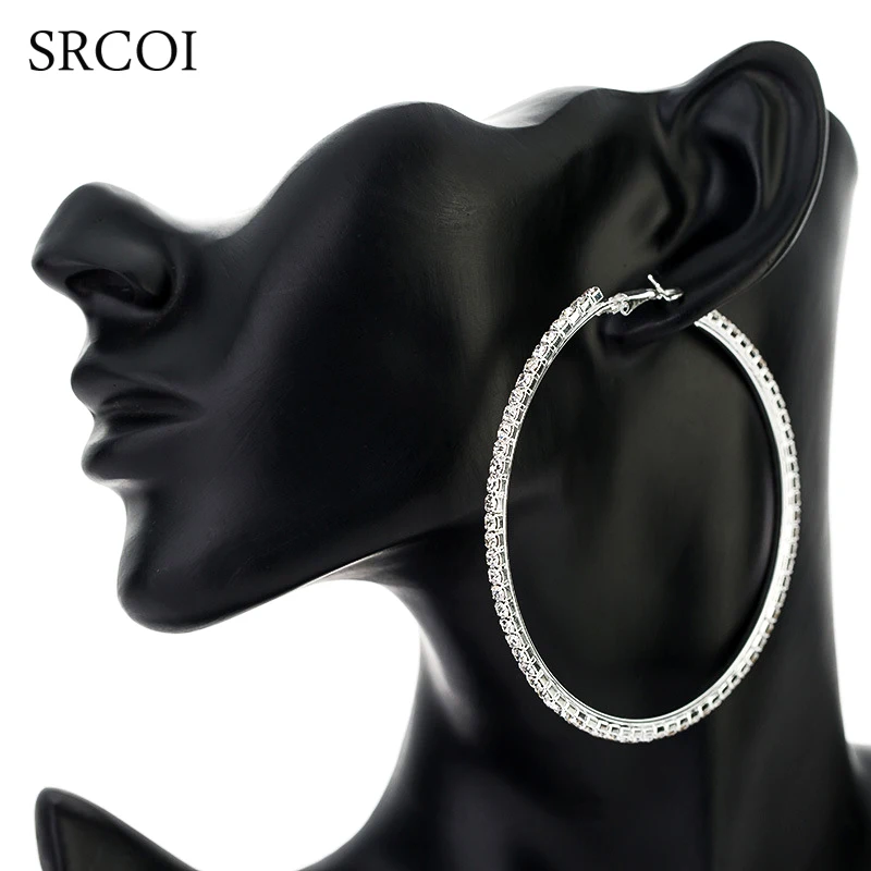 

SRCOI 11.11 Fashion Big Crystal Earrings Hoops Large Hoop Earrings Silver Oorbellen Rond Creoles For Women Circle Jewelry