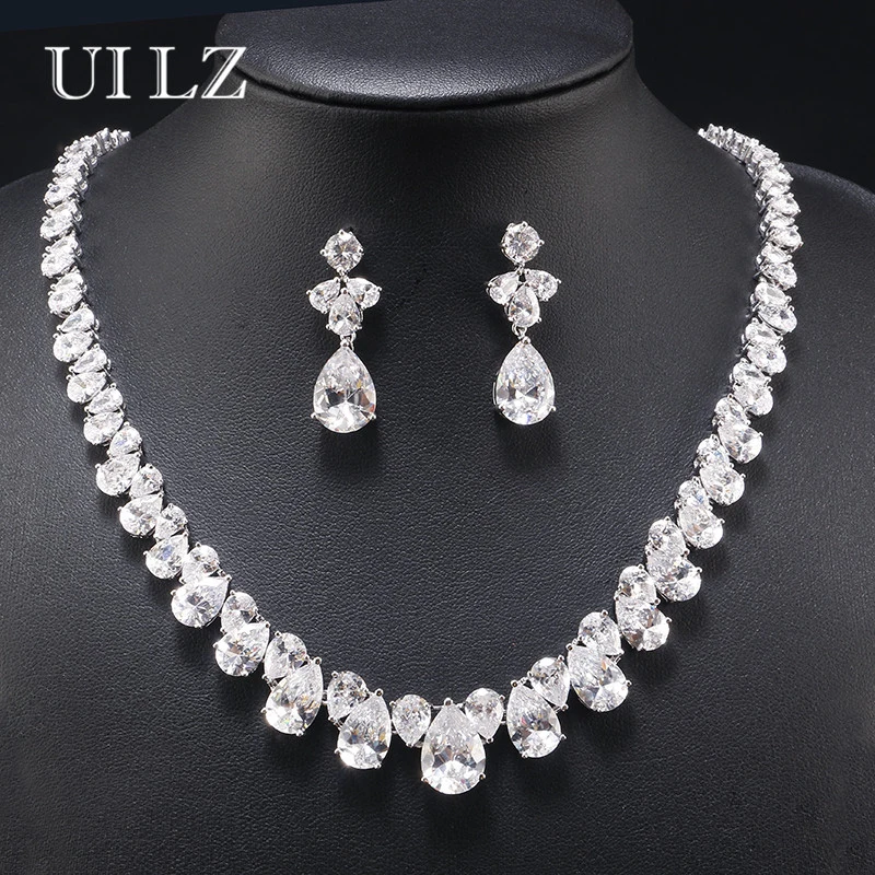 

UILZ Fashion Crystal African Water Drop Jewelry Sets White Gold Zircon Wedding Bridal Jewelry Sets Jewelry US416