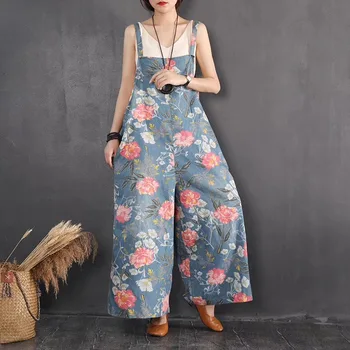 

The new do old tall waist loose big yards leisure nine points denim overalls wide-legged pants jumpsuits women movement girl