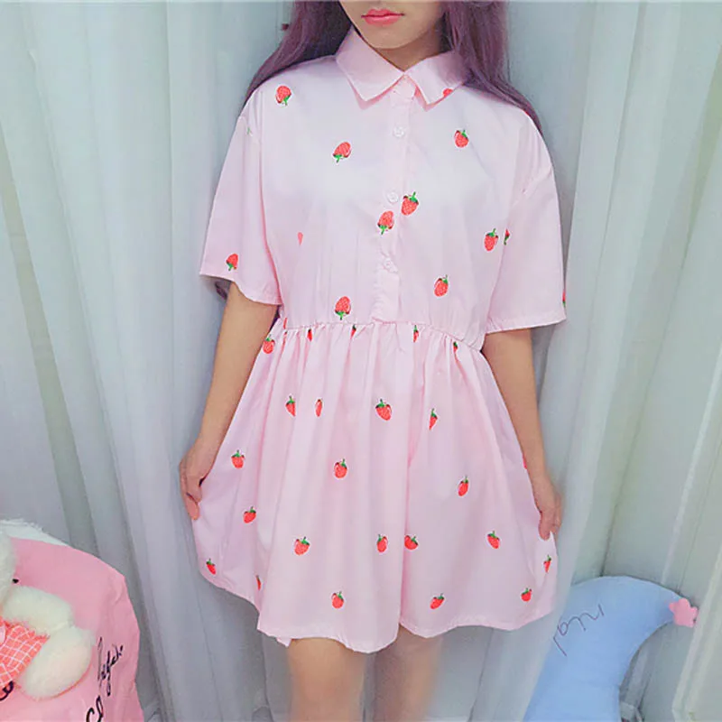 

2018 New Women Harajuku Dress Cute Sweet Japanese Style Dresses Strawberry Print Kawaii Turn-Collar Dress Female #6261