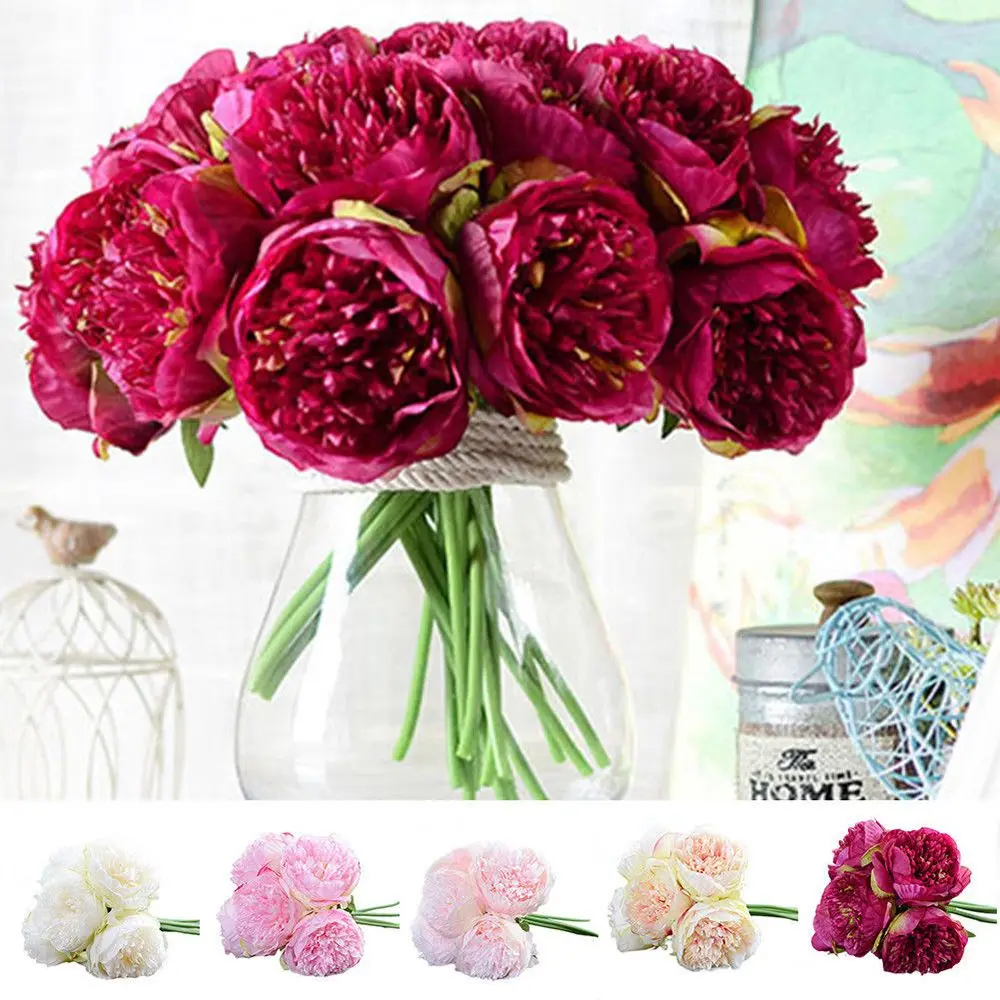 

Artificial Bouquet Peony 5 Heads Silk Flower Fake Leaf Home Wedding Party Decor
