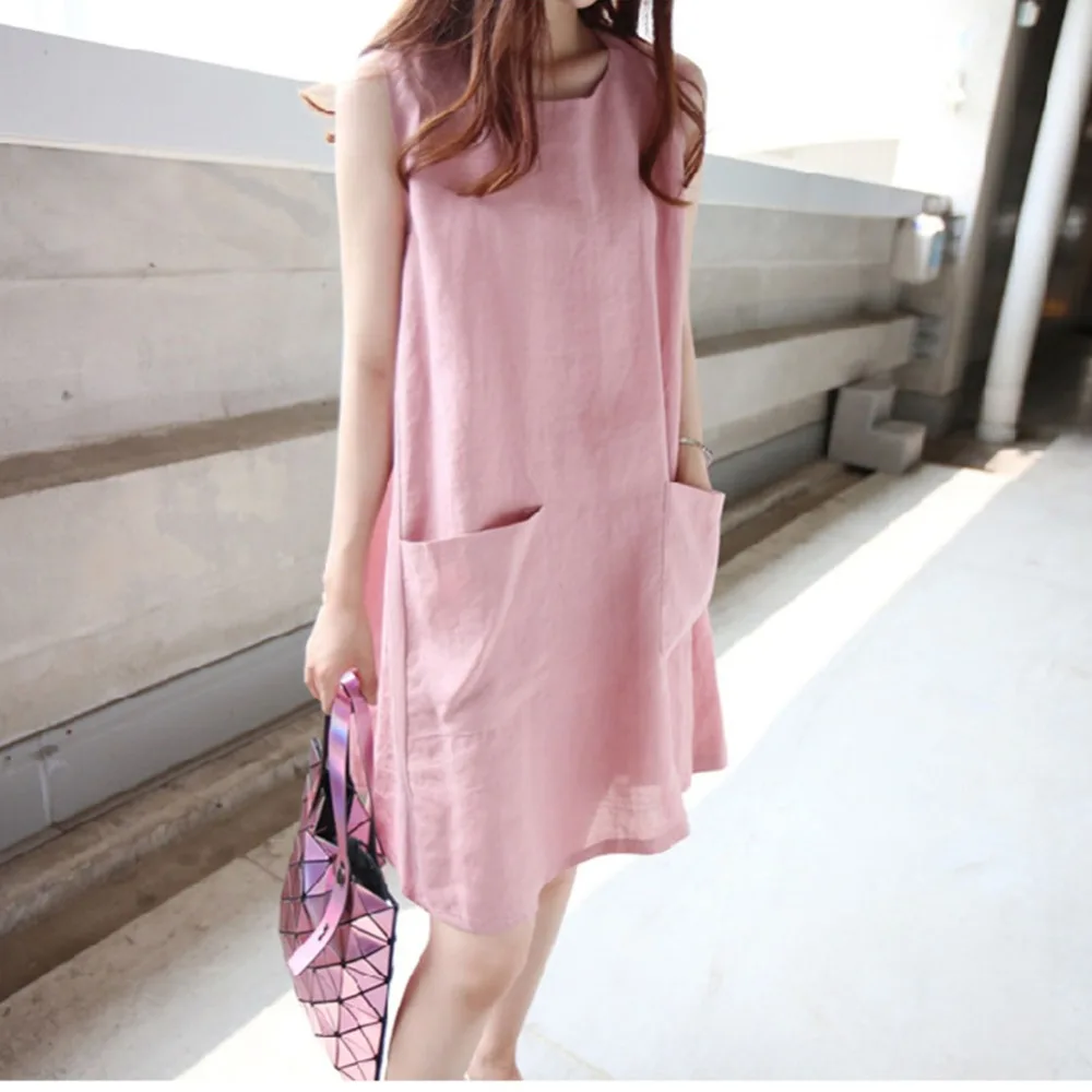 

A-Line loose dress in the long loose pocket cotton large size a word Dress Summer Solid Sleeveless O-Neck Dress