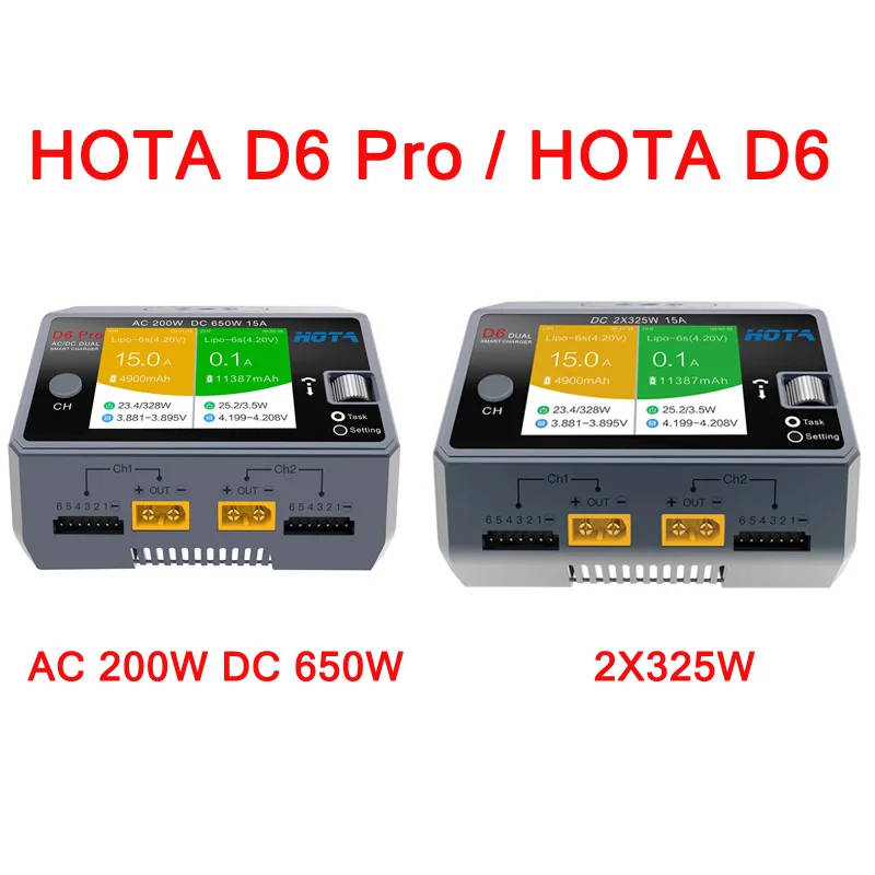

HOTA D6 Pro AC 200W DC 650W 15A / D6 DC 2X325W 2X15A Battery Charger for NiZn Nicd NiMH Battery RC Models Spare Parts Accs