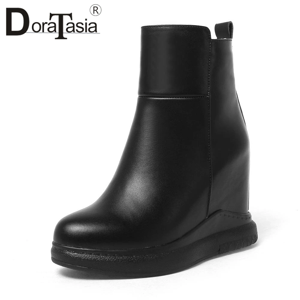 

DORATASIA Genuine Leather Ankle Booties Women Autumn Winter Height Increasing Warm Plush Platform Shoes Woman Black 32-40