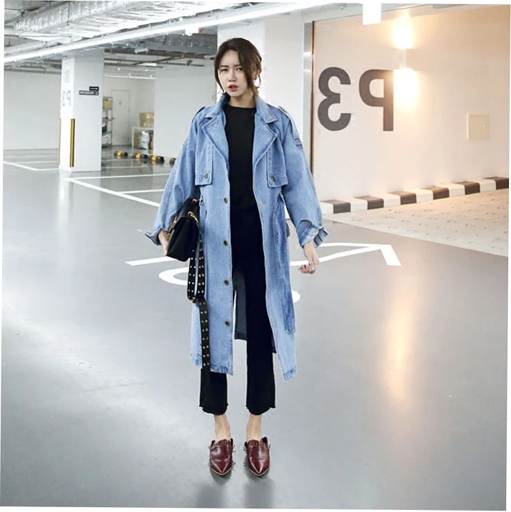 2017 Marée Denim Lâche Femmes Tranchée Printemps Manteau Grande Long Trench Ceinture Taille Fixer Nouvelle OZkXuPiT