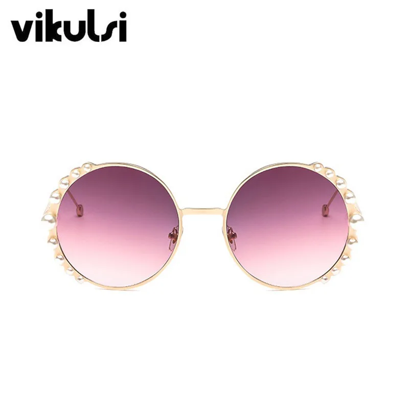 Luxury Beads Round Sunglasses Women Fashion Alloy Frame Brand Pearls Designer Sun Glasses For Female Brown Shades UV400 New - Цвет линз: D549 purple