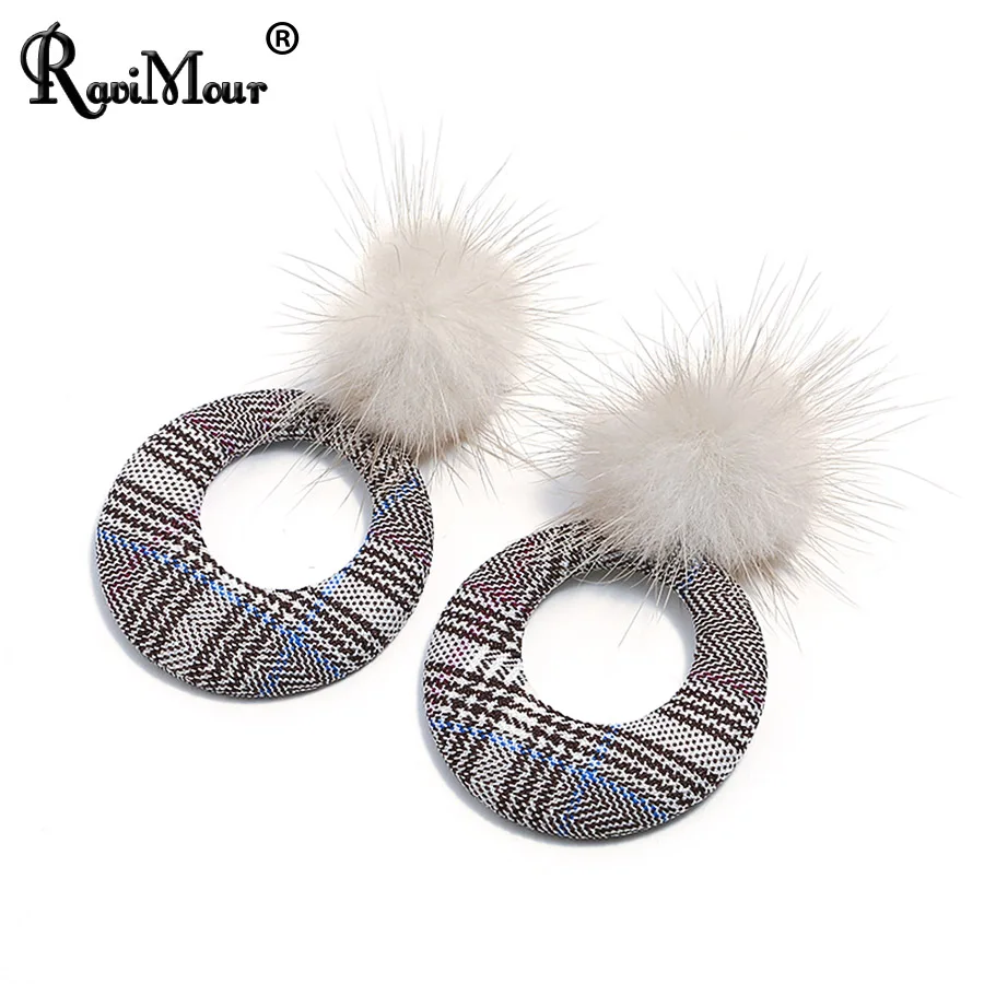 

RAVINOUR Women Earrings Mink Fur Ball Fabric Grid Pattern Drop Earring Korean Style Big Round Hanging 2019 Winter Earing Jewelry