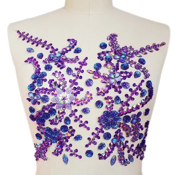

Handmade Bright purple Sew on Rhinestone Sewing Beaded Appliques For Wedding Dresses Patches Chest Waist Accessory 10.6x12.2 in