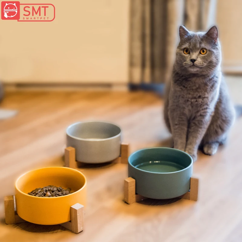 

SMARTPET Dog Cat Bowls Protect Pet Pervical Vertebra Rounded Solid Ceramics Wooden Rack Small Medium Large Dogs Water Food Bowl