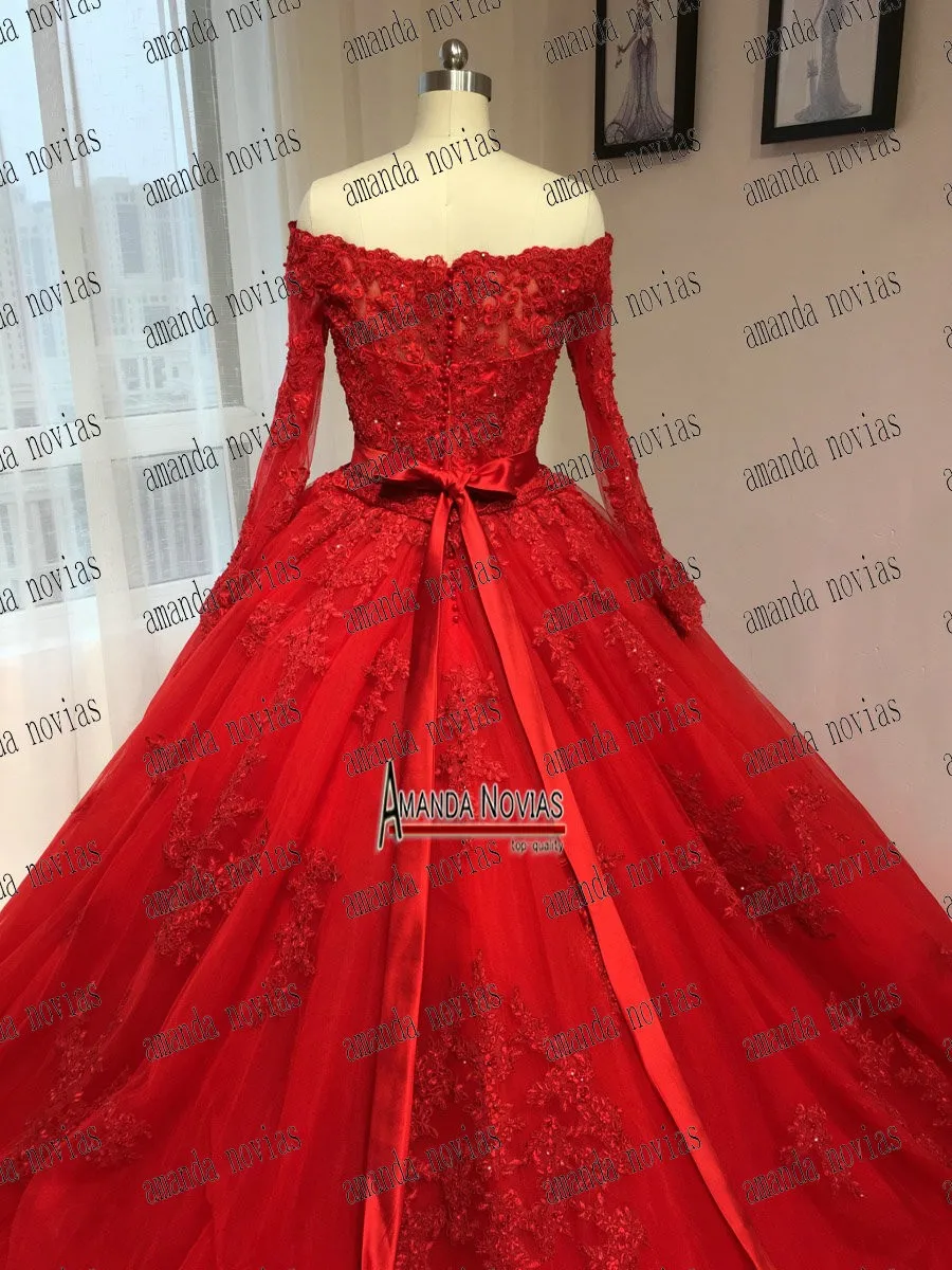 Красное свадебное платье с длинными рукавами и открытыми плечами vestido de noiva princesa