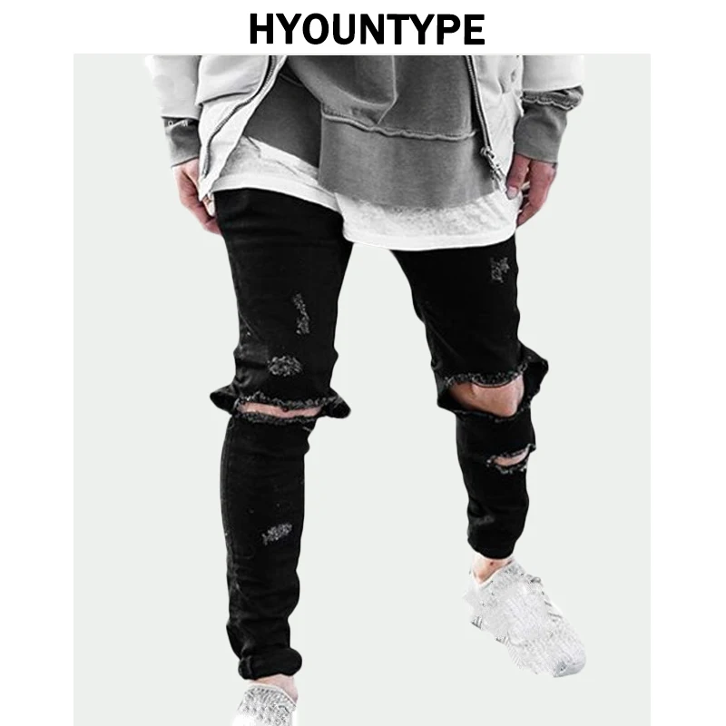 Knee Ripped Hole Biker Jeans Men Denim Destroyed Slim Fit Zippers Jeans Fashion Trousers Black Streetwear Hip Hop Pants Jogger