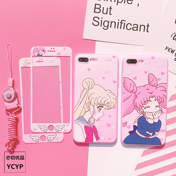 For iPhone X Sailor Moon case & tempered glass film for iphone 7/8 plus 6 6s soft silicone cover for Xs Max cute girl + strap