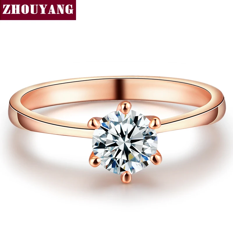 ZHOUYANG Wedding Ring For Women Rose Gold Color Six Claw Cubic Zirconia Round Cut 1 Carat 6mm Fashion Jewelry R013 R014
