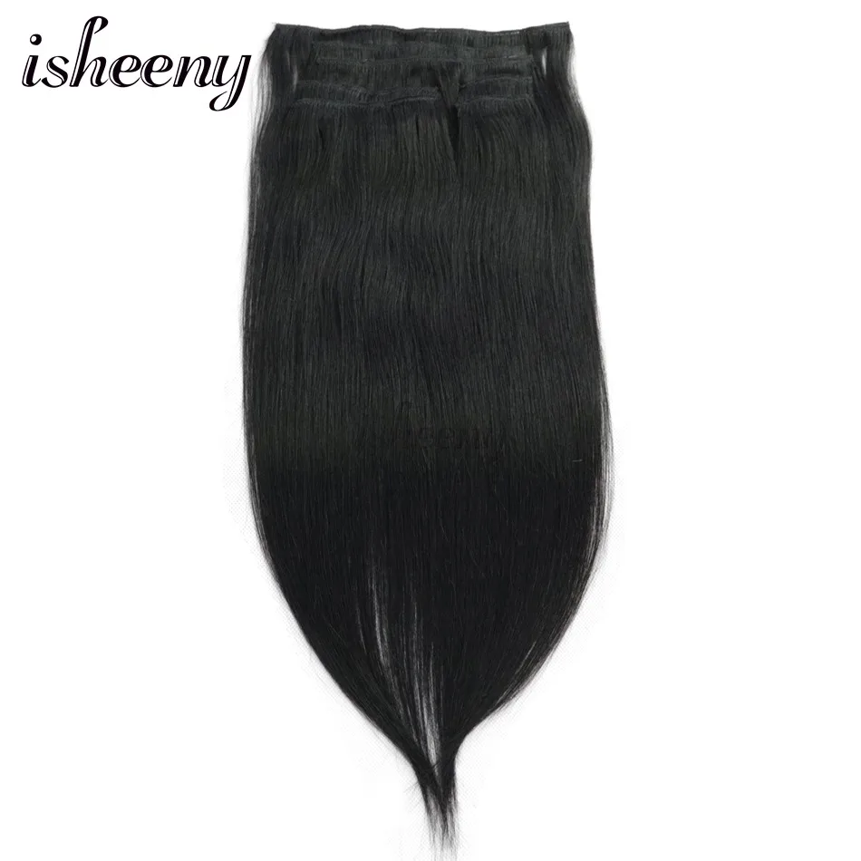 Isheeny Jet Black 7 шт./компл. Реми Клип в полной головке 14 "16" 18 "Клип пряди человеческих волос для наращивания прямые волосы