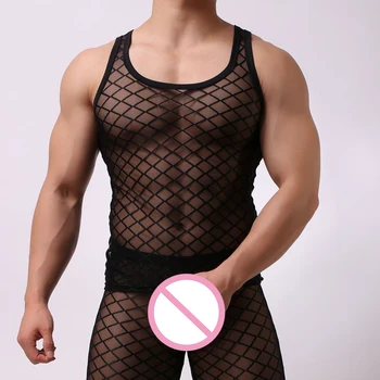 

sexy plus size men lingerie male mesh underwear transparent see through sexy gay mens top shirt nightwear