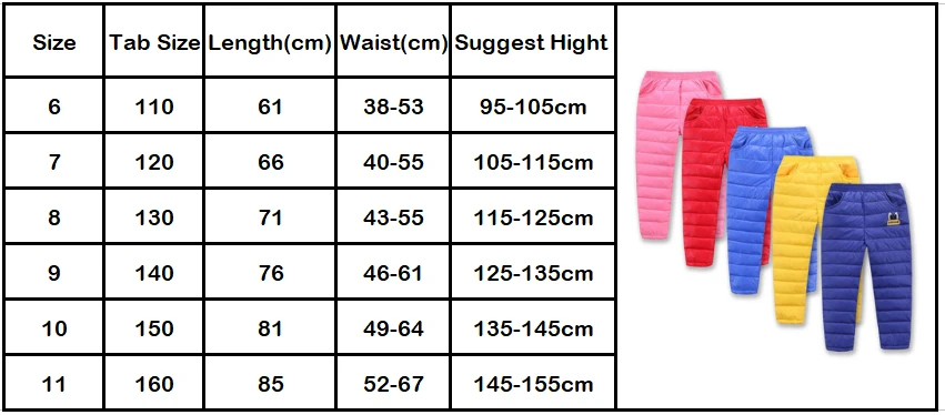 Зимние новые модные штаны с рисунком для мальчиков; леггинсы для девочек; детские штаны; коллекция года; Зимние Детские Пуховые штаны для девочек; цвет синий, красный, желтый, розовый