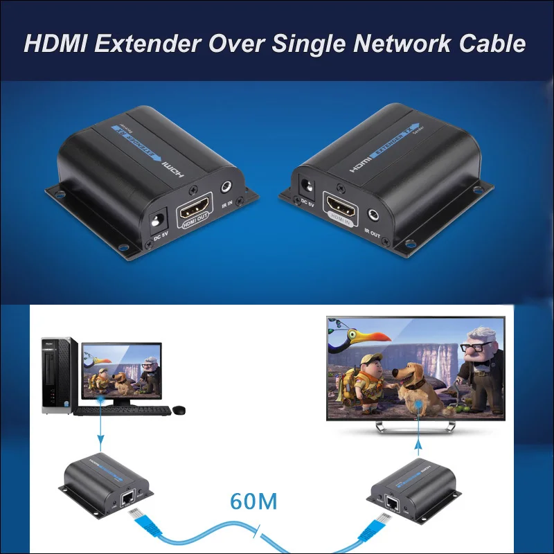 

New HDMI Extender with IR Via Cat6 / 5e up to 60m full HD 1080P Transmitter & Receiver with Power Adapter For HDTV DVD