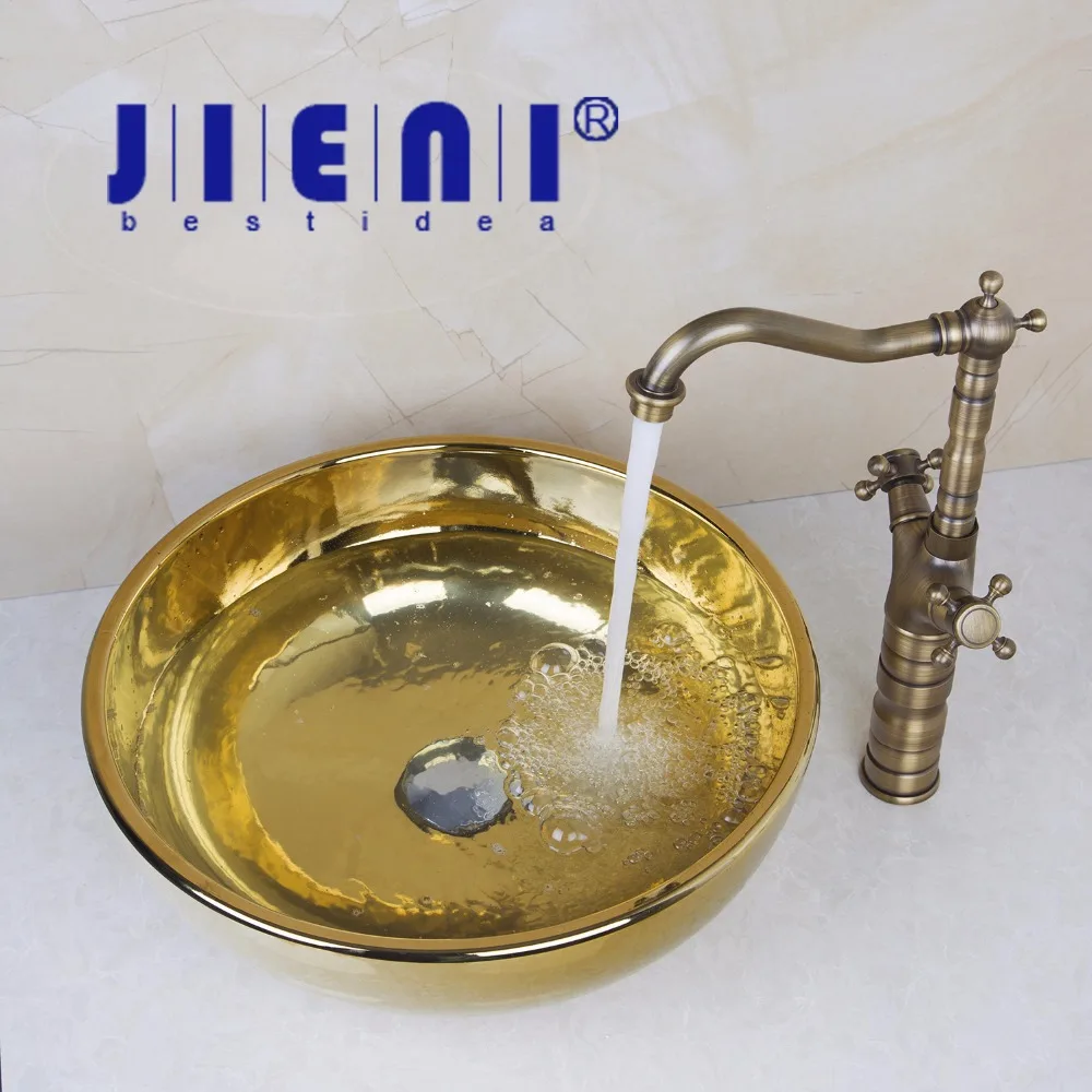 Ceramic Bathroom Sink Round Polished Golden Bathroom Sink Set Antique