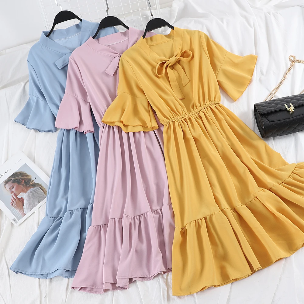 

Women Spring Summer Short Flare Sleeve Pleated Bow Dress Casual Elastic Slim High Waist Lace Up Bandage Ruffles Chiffon Dress