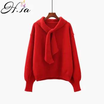 

H.SA Spring Autumn New Women Pullover and Sweaters Crew Neck Knitted Pull Jumpers Loose Knit Bow Sweater Jumpers Ladies Tops