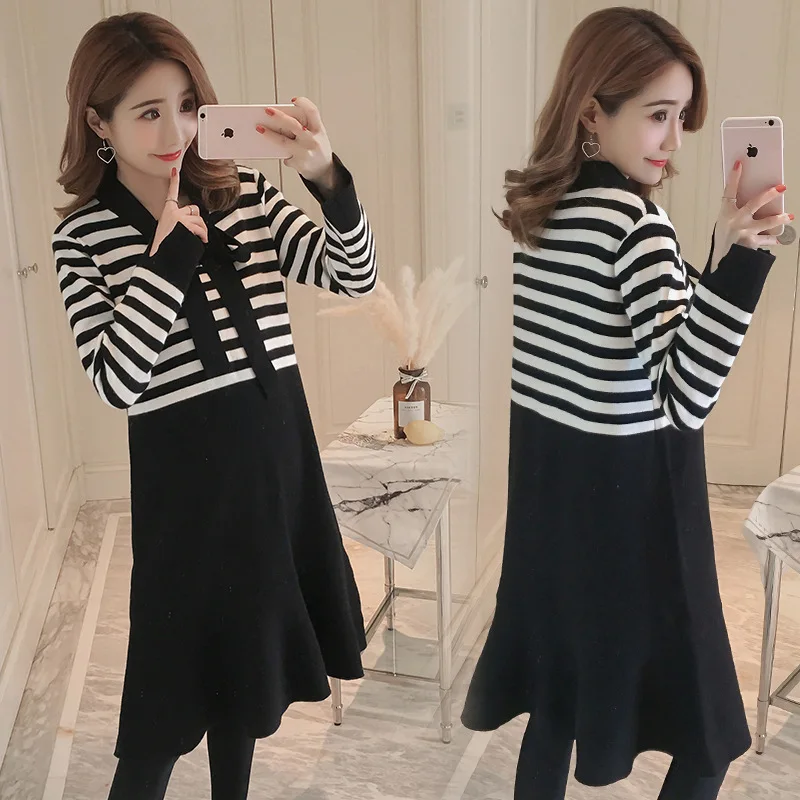 

Fashion Maternity Dress For Pregnant Women Elegant Long Sleeves Maternity Clothes Autumn Winter Stitching Pregnancy Clothing