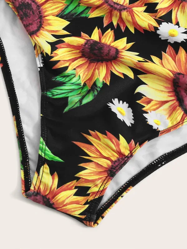 Swimwear Women Sunflower Print Ruffle Two Piece Swimsuit Female Halter Bathing Suit Beach High Waist Swimwear Banador Mujer