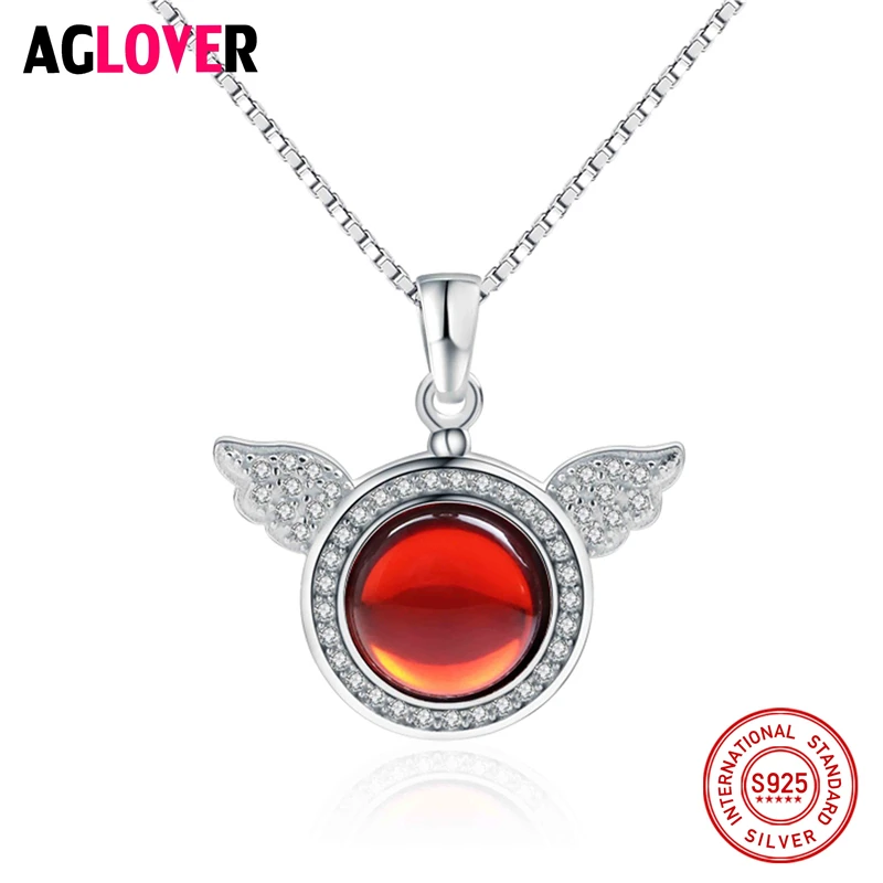 

Sparkling 925 Sterling Silver Angel Wings Pendants New Stylish Round Red AAA Zircon Necklace Chain For Women Gifts