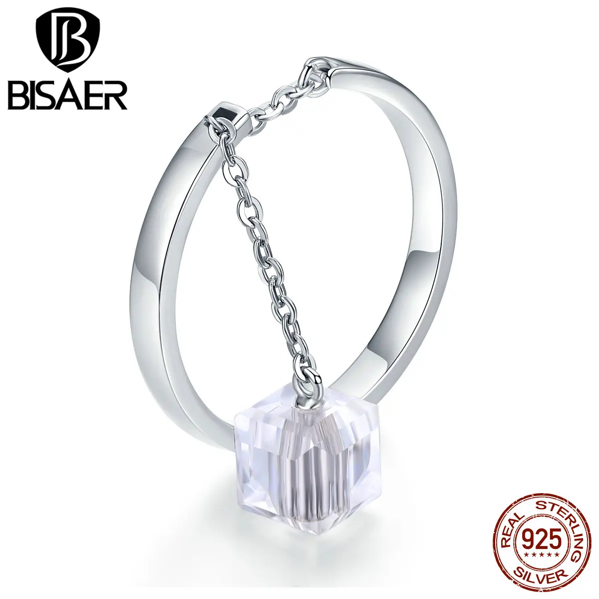 BISAER, простое кольцо, 925 пробы, серебро, дешево, геометрический циркон, длинная цепочка, кольцо на палец, женское, свадебное, Анель, ювелирное изделие ECR488