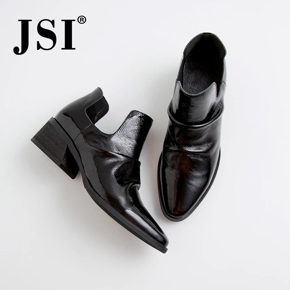 

JSI Fashion Genuine Leather Ladies Boots Spring Autumn Pointed Toe Square Heel Shoes Casual Slip-On Low Heel Women Boots JO197