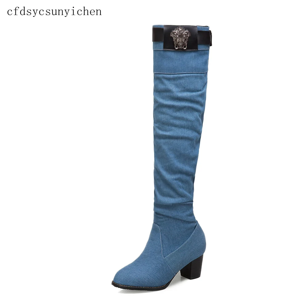 

Shoes Woman High quality Denim Shoes Over the Knee High Boots Women boots High Square Heels Plus Big Size 11.5BO-DJB-B699