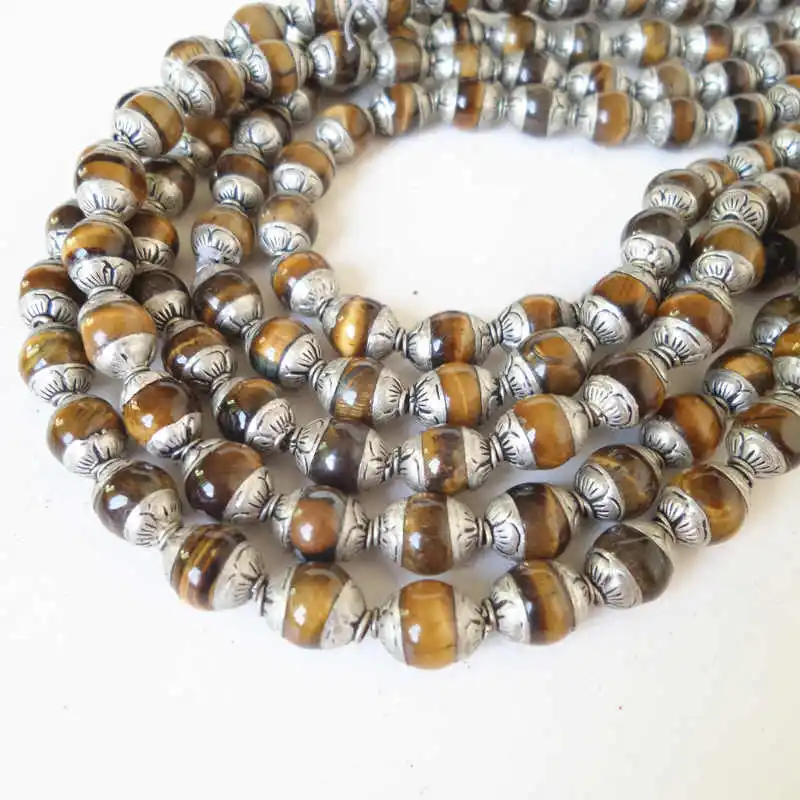 

10PCS 8mm Nepal Hand Beads Tibetan silver capped Tiger Eye Beads Free ShipTSB0125