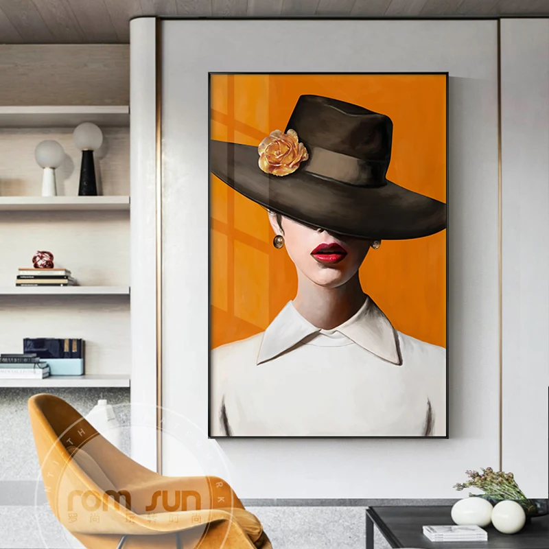 Абстрактная тайна шляпа девушка с красными губами Холст Картина художественный современный плакат печать для гостиной девушки модные
