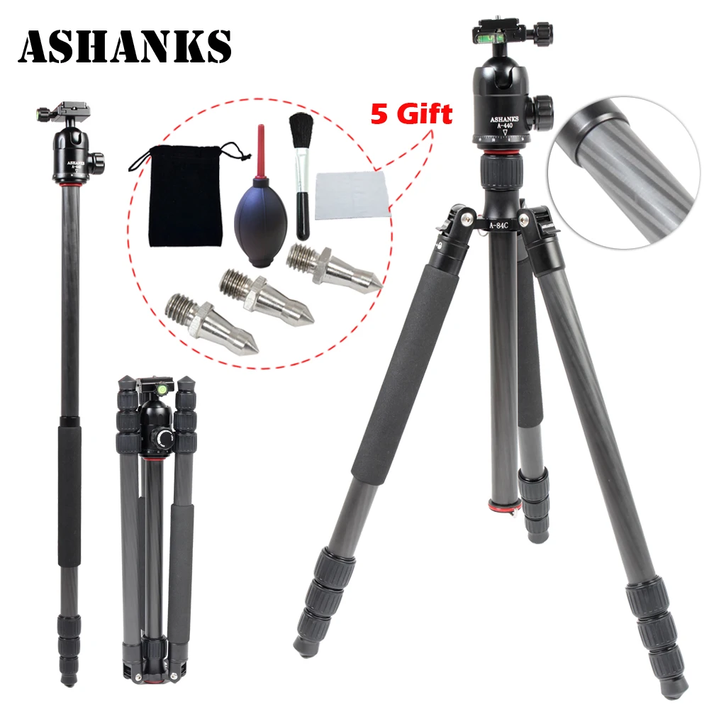 ASHANKS A84C Loading 15KG Portable Carbon Fiber Tripod Pro Monopod 44cm Ball Head and Quick Release