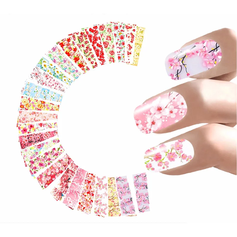 

24 pcs/set Mixed Colorful Nail Sticker Fashion Flower Water Transfer Wraps Tips Nail Decor Full Cover Manicure Tool