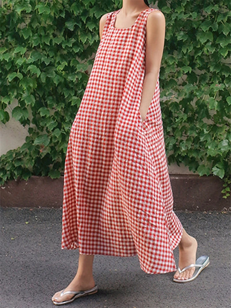 

Women's Maxi Boho Dress Plaid Summer Beach Evening Party Long Sundress