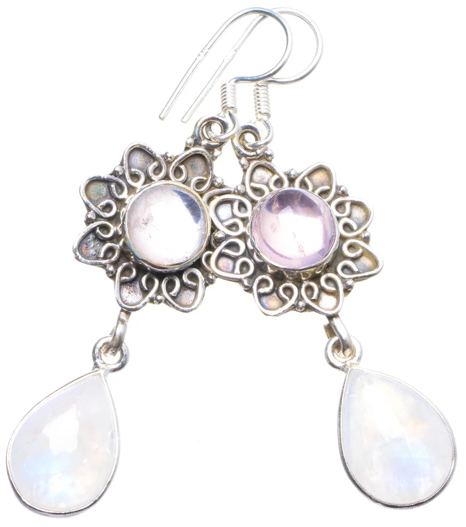 

Natural Rainbow Moonstone and Rose Quartz Handmade Unique 925 Sterling Silver Earrings 2.25" X4165