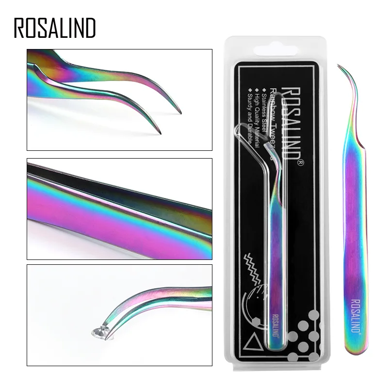 

ROSALIND 1PCS Rainbow Stainless Steel Cuticle Nail Curved Tweezers Rhinestone Picker Trimming Nail Art Tools