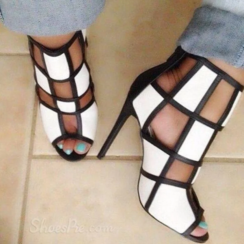 

2019 New Sexy Gingham Hollow Pattern Mixed Color Shoes For Woman in Open Toe Sexy High Thin Heels with Ankle Zipper Size 34-42