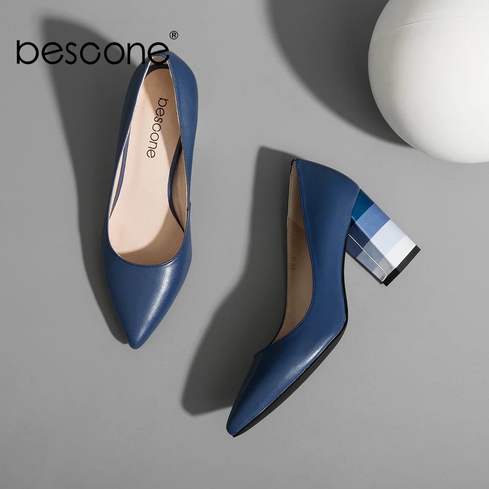 BESCONE Classic Women Office Shoes Colorful Square Heels Pointed Toe Elegant Pumps Spring Genuine Leather Slip On Lady Shoes A85