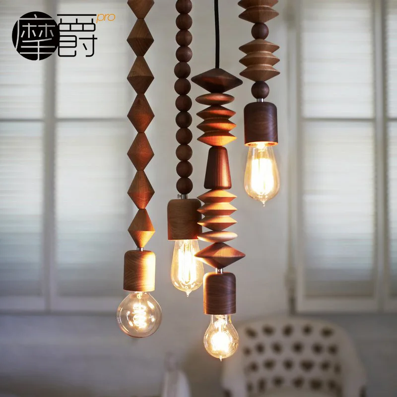 

Modern Retro Vintage Oak Wood Bead Chain Pendant Lights Suspension Cord Lamp for Dining Room Stores Bar