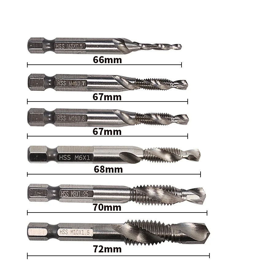 

1/4'' Hex HSS High Speed Steel Thread Spiral Screw M3 M4 M5 M6 M8 M10 Metric Composite Tap Drill Bit Tap 6pcs/set