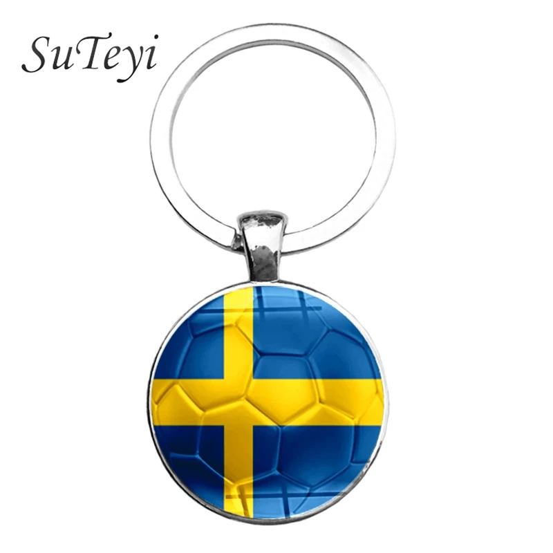 

SUTEYI Sweden Switzerlan Flag Key Chain Fashion Croatia Iran Badge Soccer Picture Keychain Mens Handmade Glass Key Ring Jewelry