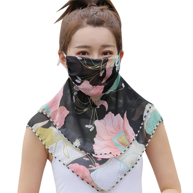 1 Pcs Sunscreen Veil Chiffon Masks UV Shawl Anti Haze Pollen Outdoor Travel Face Dust Thin Neck Protection Summer Female - Цвет: Big flower black