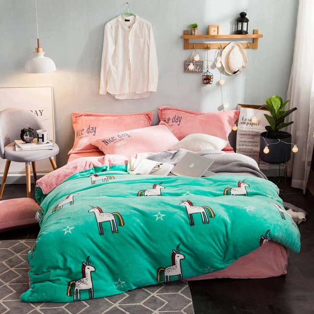 winter green and pink lovely unicorn bedding set cute duvet cover flannel top sheet queen