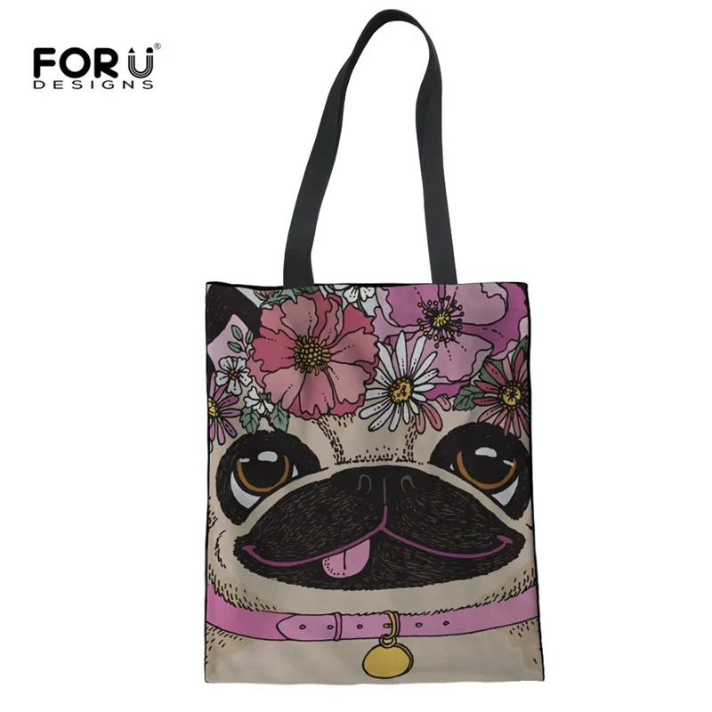 

FORUDESIGNS Cute Pugs Print Women Shopping Bags Female Environmental Protection Grocery Bags Beach Large Folding Handbag Mujer