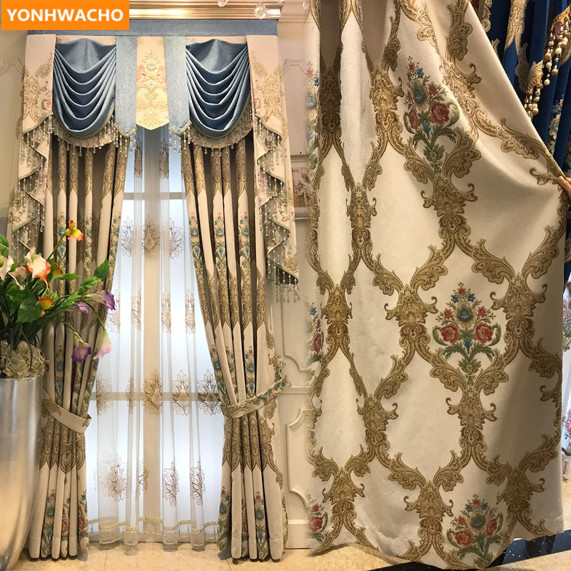 Custom curtains Luxury American thickening beige chenille living room